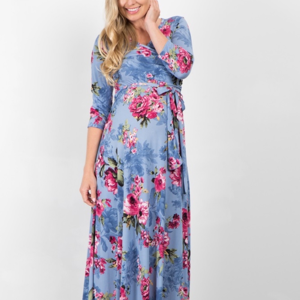 Blue Floral Sash Tie Maternity/Nursing Maxi Dress
